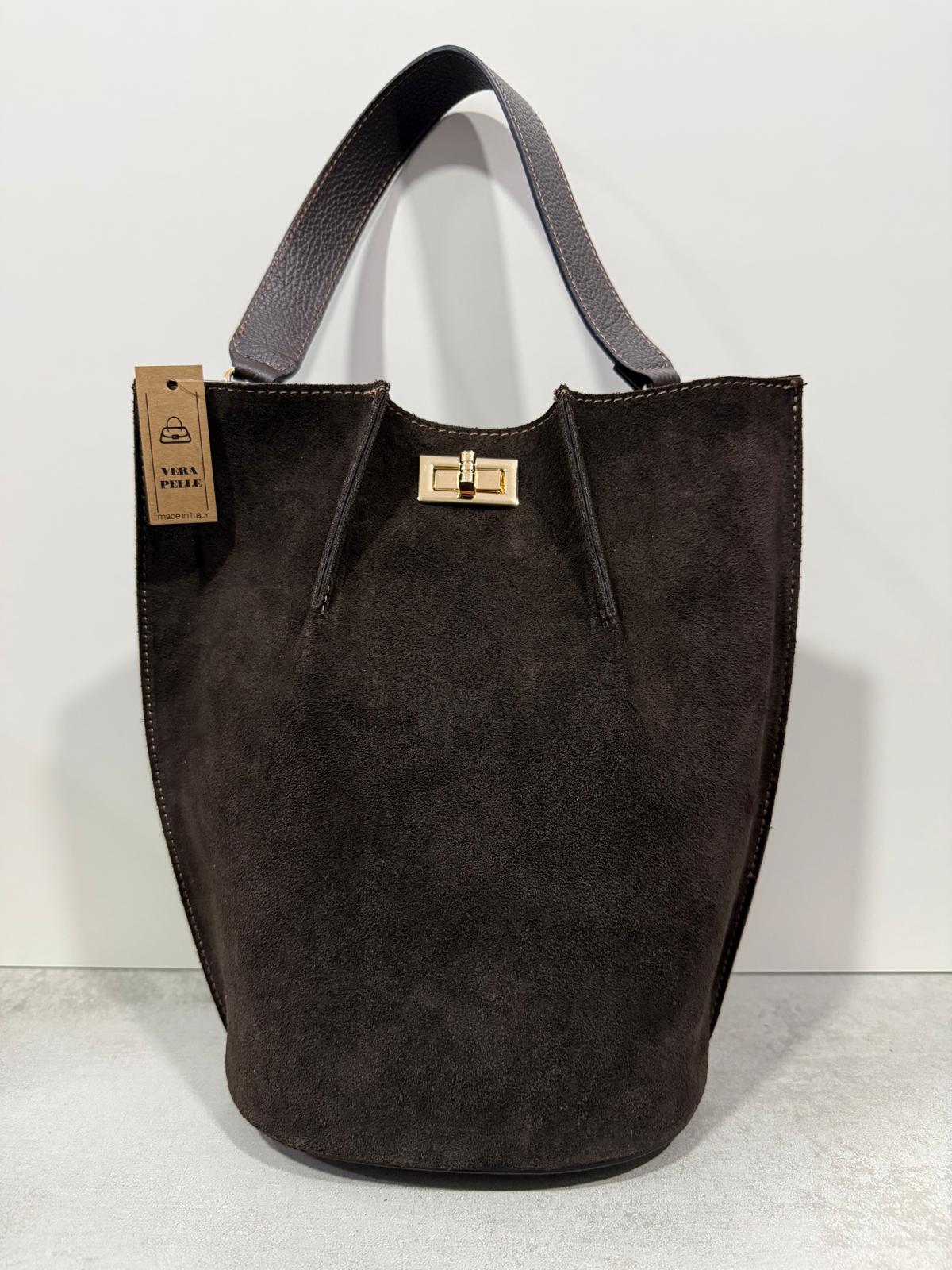 Borsa secchiello in vera pelle color caffè